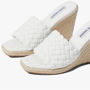 Steve Madden Women’s Wedge Mule Open Toe Sandals Udele White Woven New Size 7.5